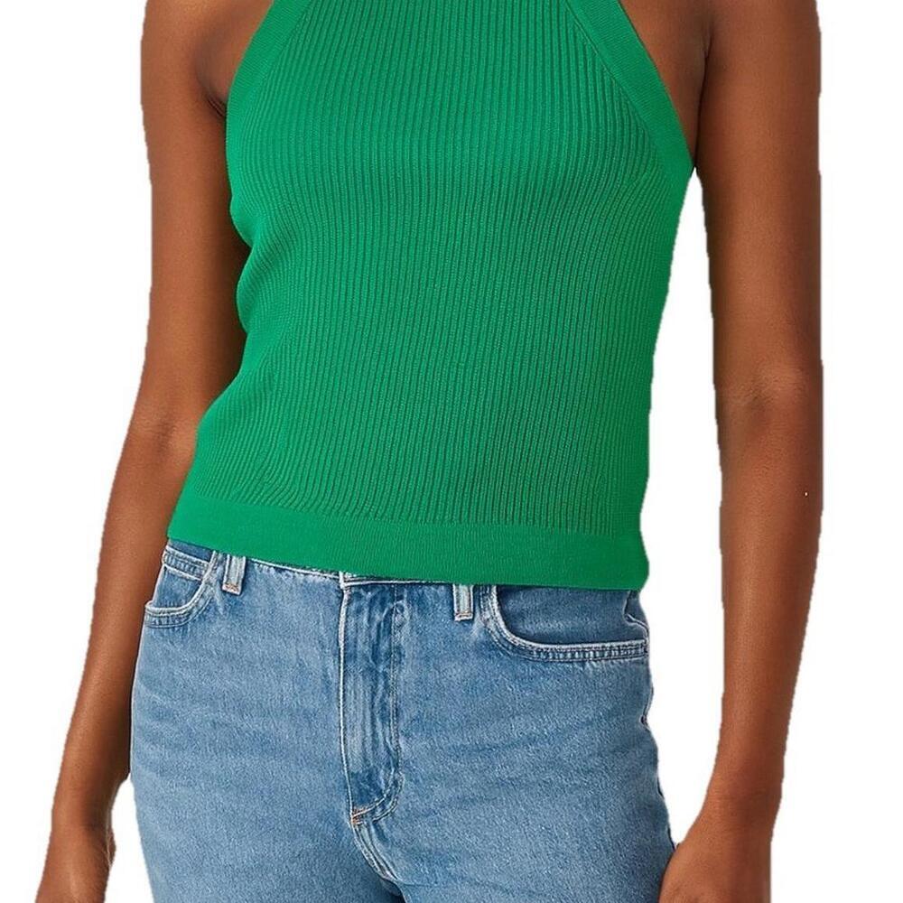 & Other Stories Small Green Ribbed Knit Fitted Halter Knit Top Sleeveless Cotton